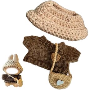 3-Piece Handcrafted Crochet Doll Clothes for 17cm Doll,Compatible with 5.91-6.7inch (15-17cm) Dolls as Accessories Only,Premium Dolls Outfit with Accessories (Brown)