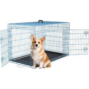 FDW 30 inch Dog Crate Dog Kennel Cage with Double Door Folding Metal Wire Dog Cage with Removable Tray&Divider Panel,Pet Crate for Medium Dogs,Blue