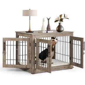 Dog Crate Furniture with Cushion, 32 inch Wooden Kennel Table with Double Doors, Indoor Dog House End Table for Small/Medium Dog, Grey (32x23x26in) in Saudi Arabia