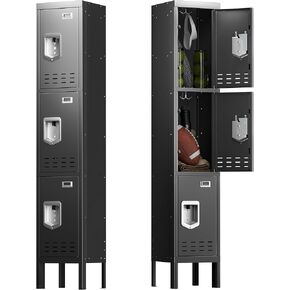 Locker Metal Storage Cabinet, Steel Office Storage Lockable Lockers for Employees Kids School Gym Home Garage Locker with Mirror & Hooks (3 Doors, Black)