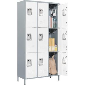 72" Metal Locker for Employees 9 Doors Gray & White Steel Storage Locker for Office, School, Gym - Metal Storage Cabinets for Home, Office, Gym, School