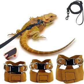 3 Size Bearded Dragon Leash and Harness Set Adjustable Bearded Dragon Harness with Lizard Traction Rope for Reptile ，Squirrel Ferret Walking Outdoor ，with mini Scooter Toy(Brown)