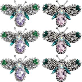 WEBEEDY 6 PCS Handmade Rhinestone Bee Beaded Patches Sew on Crystal Bee Patch Applique 3D Decorative Badge DIY Clothing Accessories for Christmas Clothes Bag Shoes Hats DIY Projects(Green,Purple,Pink)