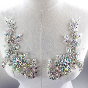 Sparkling Rhinestone Applique Diamante Lace Patch Sewing on Bridal Wedding Ball Girl Dress Gown 1 Pair