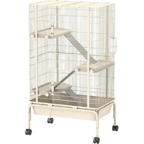 PawHut 47" Small Animal Cage, 4 Levels Large Rolling Metal Ferret Chinchilla Rabbit Cage with 5.9" Deep Tray, 3 Ramps, Water Bottle, Food Dish, for Syrian, Squirrel, Beige