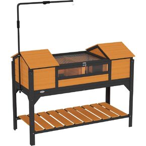 PawHut Tortoise Habitat with Adjustable Lamp Holder, Wooden Tortoise Enclosure with Storage Shelf, Dual Main Houses, Attached Tray, Openable Lid, Yellow