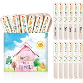 51 Pieces Our Class is a Family Wood Flip Name Sticks with Carton Talking Counting Flip Stick Teacher Student Grouping Tally Name Tags for Classroom Educational Learning Activities Supplies