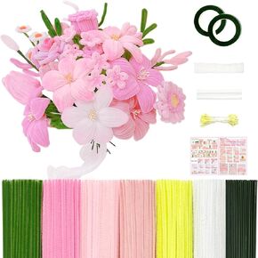 601PCS Thick Pipe Cleaners Craft Kit–Pipe Cleaners Bulk, Chenille Stems for Crafts, DIY Pink Pipe Cleaners Pastel Flower Kit with Floral Wires, Tape, Glue Sticks, Ribbon, Stamen，Manual for any parties