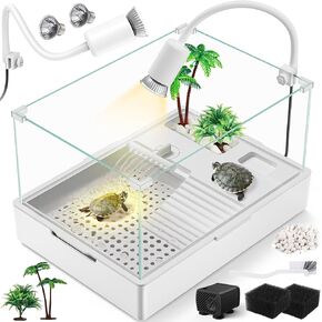 Large Turtle Tank Kit(Tank + Light + Water Pump), Acrylic Turtle Tank Starter Kit with Two Rain Shower Head, Adjustable Water Pump, Higher Fences (Kit-S)