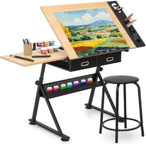 Athena Collection 41" Drafting Table Adjustable Angle Drawing Table Tempered Glass Art Desk Metal Frame Craft Desk for Artist with Fabric Drawers, Rolling Casters and Trays, Light Grey