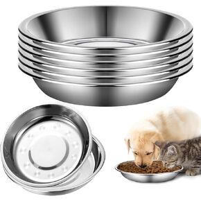 6 Pack Stainless Steel Cat Bowls, 7 inch Wide Metal Cat Bowl for Food and Water, Whisker Fatigue Friendly Shallow Cats Dishes for Indoor Kitten Puppy Dog