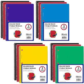 BAZIC Subject Notebook 3 Subject College Ruled 120 Sheets Notebooks, Assorted Color, School Office, 12 Count