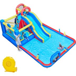 Yaheetech 10-in-1 Inflatable Bounce House w/Slide, Outdoor Water Slide w/Bouncer & Large Splash Pool for Kids Aged 3-10, Jumping Castle w/Storage Bag & 650W Blower