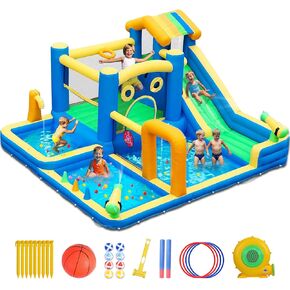 Bounce House Water Slide, 10 in 1 Inflatable Water Slide for Kids, Water Park with Blower, Water Gun, Jumping, Circle,Climbing Wall, Basketball Hoop, Blow Up Water Slides Backyard Outdoor Indoor