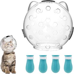 Cat Muzzle Breathable for Grooming, Transparent Anti-Bite Muzzle for Bathing Nail Trimming, Astronaut Helmet with 4 Silicone Paw Protectors (Large)