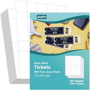 gisgfim 1000 Printable Tickets with Tear-Away Stubs 8.5x11 Inch 65lb Cover Tickets for Events Custom Raffle Cards for Laser and Inkjet Printers for Raffles and Event Tickets 10pcs Per Sheet