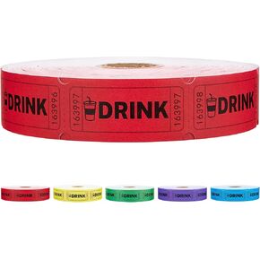 1000 Raffle Tickets, Red Drink Ticket, Single Roll Tickets for Events, Entry, Class Reward, Fundraiser & Prizes, Size 1 x 2 Inch