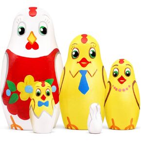 AEVVV Chicken Nesting Dolls Set 5 Pcs - Chicken Kitchen Decor - Wooden Stacking Dolls – Russian Hand Painted Matryoshka Doll