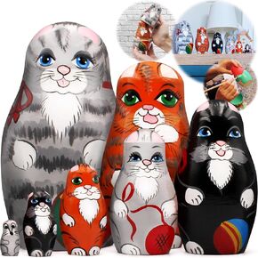 AEVVV Matryoshka Nesting Doll Set of 7 pcs - Cat Figurines - Kitten Decor - Cat Themed Gifts