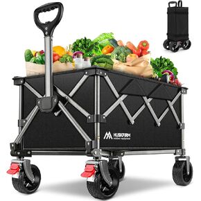 400L Foldable Double Decker Wagon Cart Collapsible with Tailgate 450LBS Heavy Duty Sports Wagon Double Decker All Terrain Big Wheels Beach Wagons for Camping, Fishing & Outdoor Use - Black