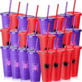 24 Sets 24 oz Spider Cups Spider Birthday Party Supplies Reusable Red Purple Web Themed Plastic Cups with Lid and Straw Bulk for Birthday Halloween Party Decorations Favors Celebration Gifts
