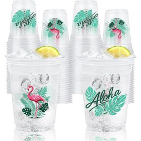 50 Pcs 12 oz Hawaiian Plastic Drinkware, 'Aloha' and Flamingo Printed Disposable Drinkware, Tropical Palm Leaf Design for Beverages, Cocktails, Pool, Vacation, and Summer Luau Beach Party Supplies