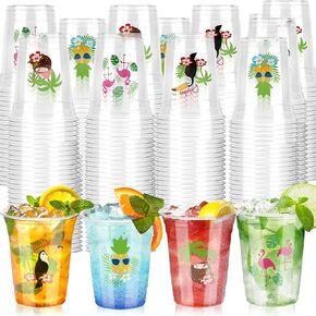 100 Pcs Hawaii Laua Cups, 12 oz Luau Party Hawaiian Disposable Plastic Cups Flamingo Tropical Pineapple Drinking Cups for Summer Beach Hawaiian Party Supplies