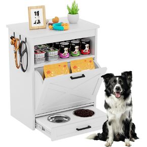 Modern Dog Food Storage Cabinet with 2 Elevated Doggy Bowls, Pet Feeding Station with Organizer, Tilt Out Pet Food Cabinet Furniture, White