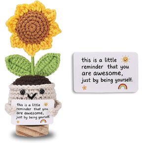 Fungi Fun Positive Sunflower Crochet Doll Cheer Up Gift – Tiny Desk Buddy Toy for Women, Coworker, Teacher, Nurse, Mom, Boss, Therapist – Thank You, Birthday, Support, Emotional Flower Decor