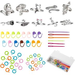 Varpotle 10Pcs Crochet Ring for Women with 45 Crochet Stitch Markers and 6 pcs Sewing Needles,Adjustable Open Crochet Tension Ring for Finger Crocheters Knitters,Stitch Markers for Crocheting