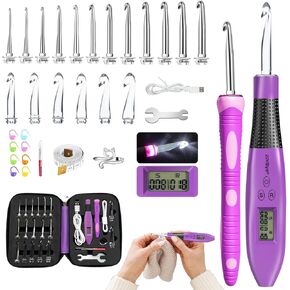Crochet Hook Set with Stitch Counter, Crochet Kit with 18 Different Size Interchangeable Crochet Needle, Ergonomic with 2 Levels Led and Digital Stitch Counter for Crocheting and Knitting