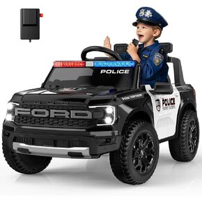 ANPABO Licensed Ford Police Car Ride On, 12V Kids Cars to Drive w/Realistic LED Siren Flashing Light, Megaphone, Remote Control, Music, Storage Trunk, Electric Cars for Kids Ages 2-5, Black