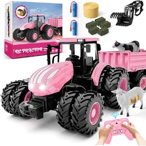 Remote Control Tractor Toy, Kids RC Tractor Set & Truck and Trailer Front Loader - Metal Car Head/8 Wheel/Light, Toddlers Farm Vehicle Toys for 3 4 5 6 7 8 9 Year Old Girls Birthday Gift, Pink