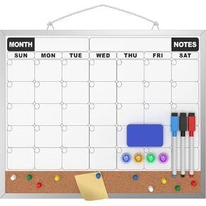 Monthly Calendar Dry Erase Board 16x12 Inch, Double-Sided Whiteboard and Corkboard Combo, Wall Mounted Planner Organizer with Markers, Magnets, Push Pins, Eraser, for Home Office School