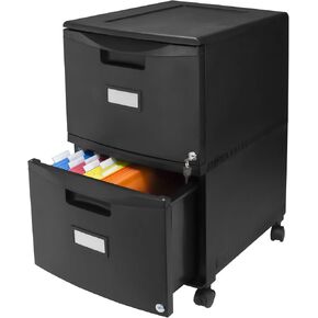 Storex Plastic Two-Drawer Mobile Pedestal File Cabinet – Locking Document Organizer with Casters for Home and Office, Black, 1-Pack (61312U01C)