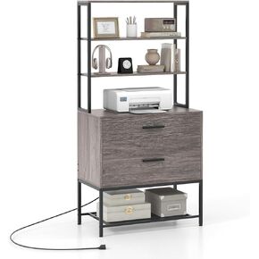 Giantex Tall 2-Drawer File Cabinet - Filing Cabinet w/Charging Station, 3-Tier Storage Shelves, Large Drawer, Hanging File Folders, Fits Letter A4 Legal Size, Printer Stand for Home Office (Grey)