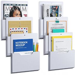 Magnetic File Holder - Wall Mounted Organizer Pocket for Mail, Documents, Notebooks, Letters, No Drill Adhesive Mount - 6 Pack,White
