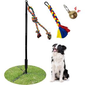 Tether Tug Outdoor Dog Toy,Interactive Exercise Game in Yard Park Tug of War for Large Medium Small Dog with 2 Rope Toy and Bell Pull Chase and Solo Play