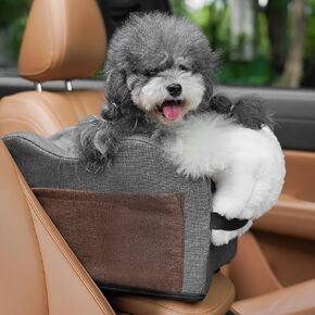 Center Console Dog Car Seat for Small Dogs with Bunny Fleece, Anti-Slip Booster Car Seat with Collar Hook, Triple Protection, Portable Washable, for Pets Up to 13.5lbs (Grey-Black)