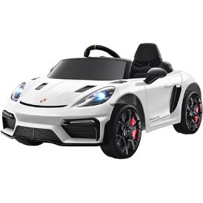 12V Ride on Car Licensed Porsche 718, Kids Electric Car with Remote Control, Front/Rear LED Light, Radio, USB/AUX, Openable Doors, Suspension Function, Durable Tires (Black)