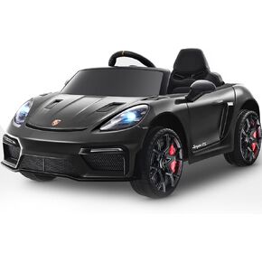 12V Ride on Car Licensed Porsche 718, Kids Electric Car with Remote Control, Front/Rear LED Light, Radio, USB/AUX, Openable Doors, Suspension Function, Durable Tires (Black) in Kuwait