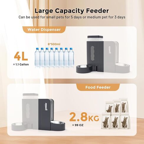 Gravity Cat Feeder and Water Dispenser with 304 Stainless Steel Bowls, 2 in 1 Automatic Cat Feeder with 180 Degree Rotatable Water Bowl, Large Capacity for Puppy Kitten Rabbits, Grey in Saudi Arabia