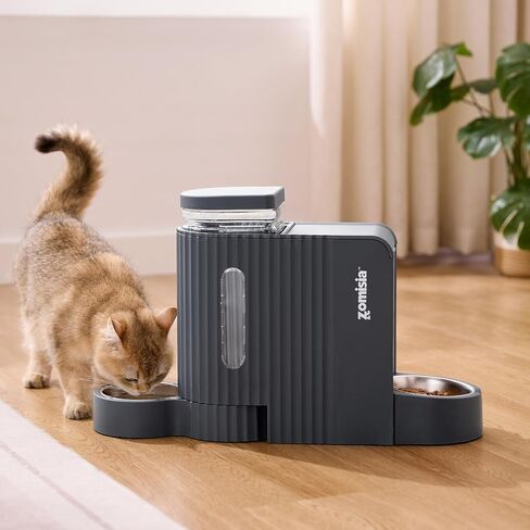 Gravity Cat Feeder and Water Dispenser with 304 Stainless Steel Bowls, 2 in 1 Automatic Cat Feeder with 180 Degree Rotatable Water Bowl, Large Capacity for Puppy Kitten Rabbits, Grey in Saudi Arabia