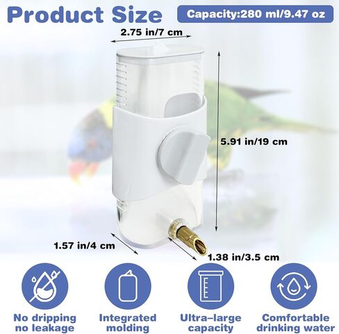موزع مياه Pinvnby Bird 9.47 Fl Oz ببغاء التلقائي التلقائي ماء معلق موزع المياه الملحقات للطيور للببغاء بودجي لوف بيرد كوكاتييل فينش (أبيض) in Saudi Arabia