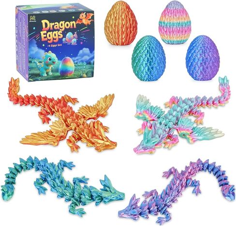 4PCS 3D Printed Dragon Eggs with Articulated Dragons,Mystery Toys Gifts for Kids Adults Easter Basket Stuffers Christmas Stocking Fillers Home Office Decor (Multicolor SetA-4pcs) in Kuwait