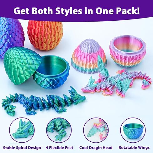 4PCS 3D Printed Dragon Eggs with Articulated Dragons,Mystery Toys Gifts for Kids Adults Easter Basket Stuffers Christmas Stocking Fillers Home Office Decor (Multicolor SetA-4pcs) in Kuwait