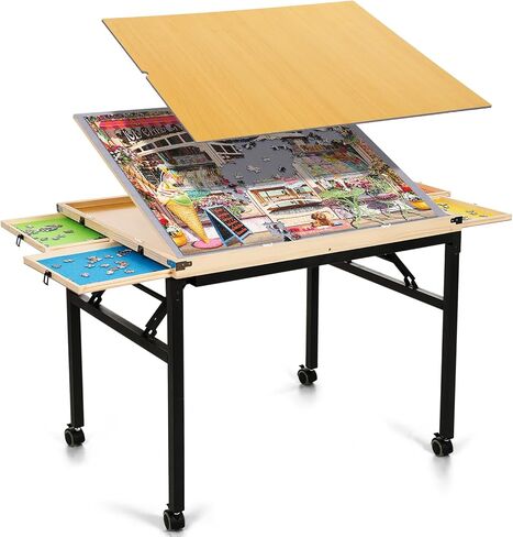 Puzzle Table with Drawers and Folding Metal Legs 1500 Pieces Jigsaw Puzzle Table with Cover 3-Tilting-Angle Portable Wooden Jigsaw Puzzle Board Easy to Move Birthday Gift for mom in Saudi Arabia