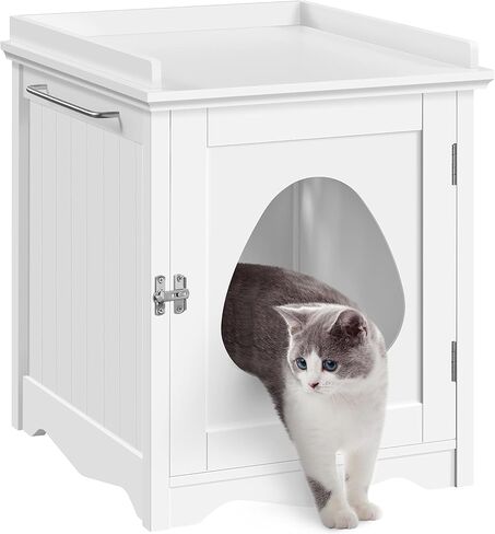 Yaheetech Cat Litter Box Enclosure, Hidden Litter Box Furniture with Side Towel Bar, Wooden Cat Washroom, Storage Cabinet, Indoor Pet House, Side Table Nightstand, White in Kuwait