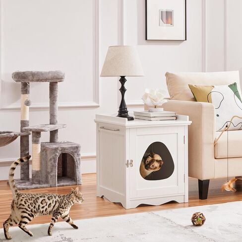 Yaheetech Cat Litter Box Enclosure, Hidden Litter Box Furniture with Side Towel Bar, Wooden Cat Washroom, Storage Cabinet, Indoor Pet House, Side Table Nightstand, White in Kuwait