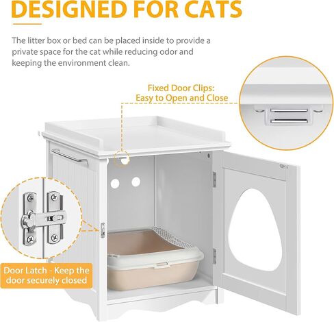 Yaheetech Cat Litter Box Enclosure, Hidden Litter Box Furniture with Side Towel Bar, Wooden Cat Washroom, Storage Cabinet, Indoor Pet House, Side Table Nightstand, White in Kuwait